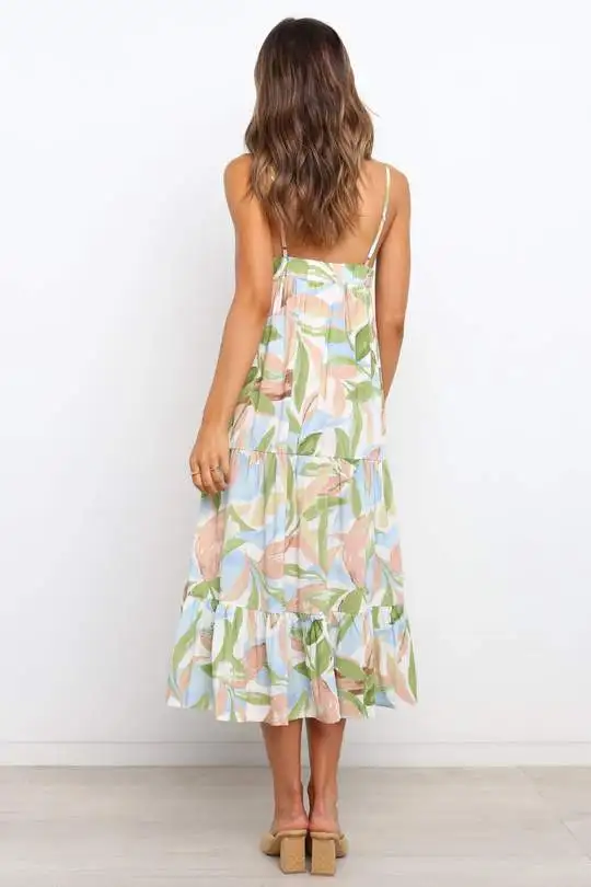 Custom Pattern Floral Print Adjustable Straps Pleated Midi Dress