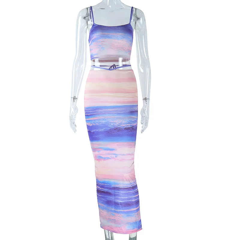 Spaghetti Strap Crop Top and Long Pencil Skirt 2 Piece Set Elegant New Printed Fall 2023 Women Clothes
