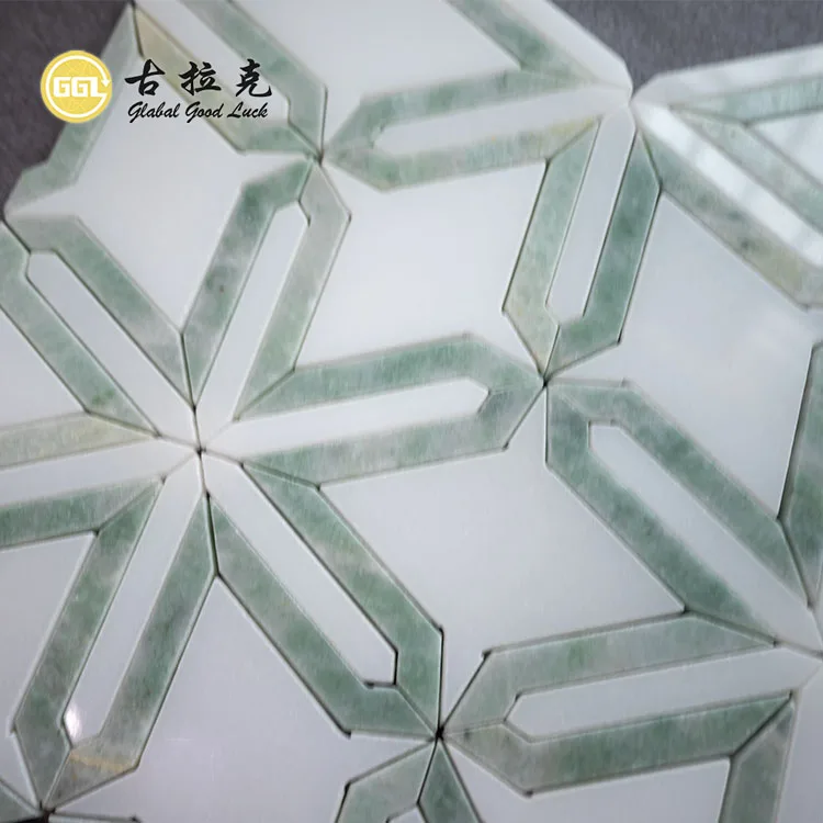 New Design Water Jet White Marble Mosaic Tile Green Stone Edge Mosaic Tile for Interior Decor supplier