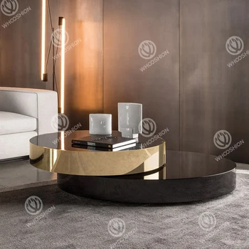 Italian modern luxury coffee table living room round rotatable coffee table set glass sintered metal extendable center table