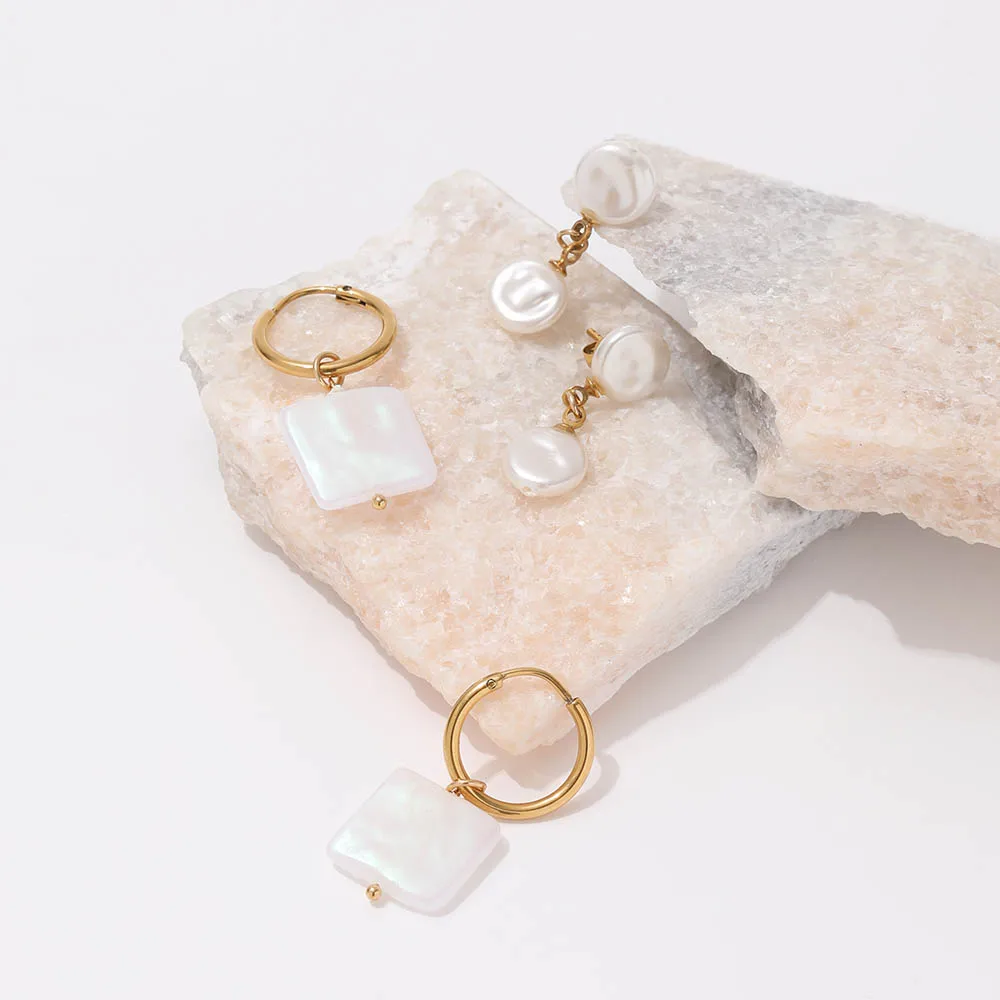 18k Gold Plated Pearl Pendant Dissymmetry Huggie Earrings For Women ...