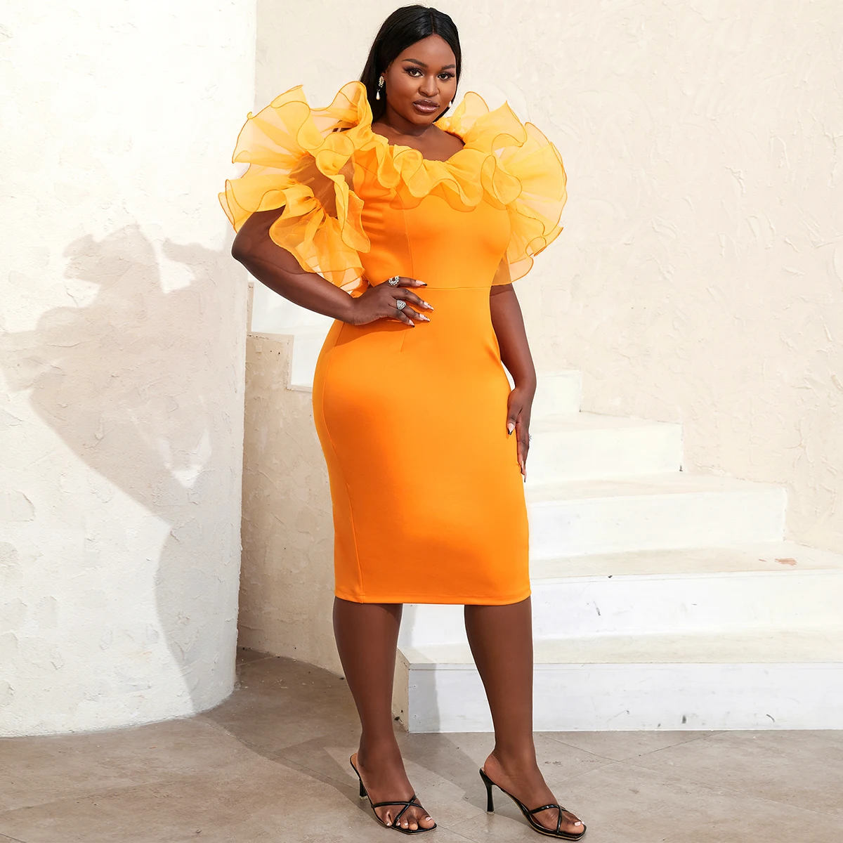 open lace back dress NY Moment Wide Ruffle Shoulder Dress Orange main image 0
