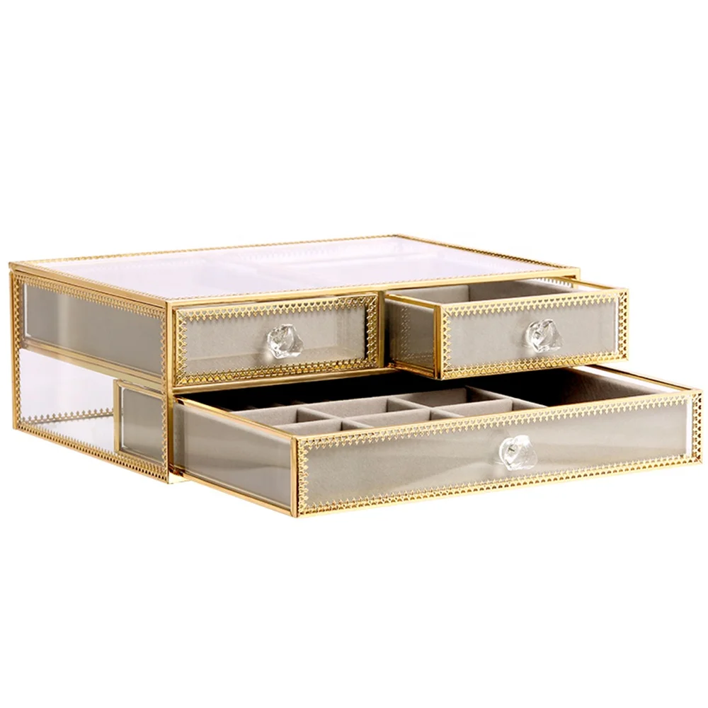 Factory Price Wholesale golden and glass vintage jewelry storage box Luxury Custom Jewelry case organizer