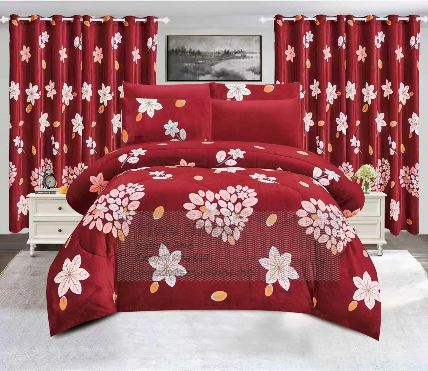 LILIANNA This eco-friendly hotel bedding set comes in both European and American styles. It features a 500TC 7-piece quilt set filled with polyester-cotton blend, making it perfect for wedding home decor.
