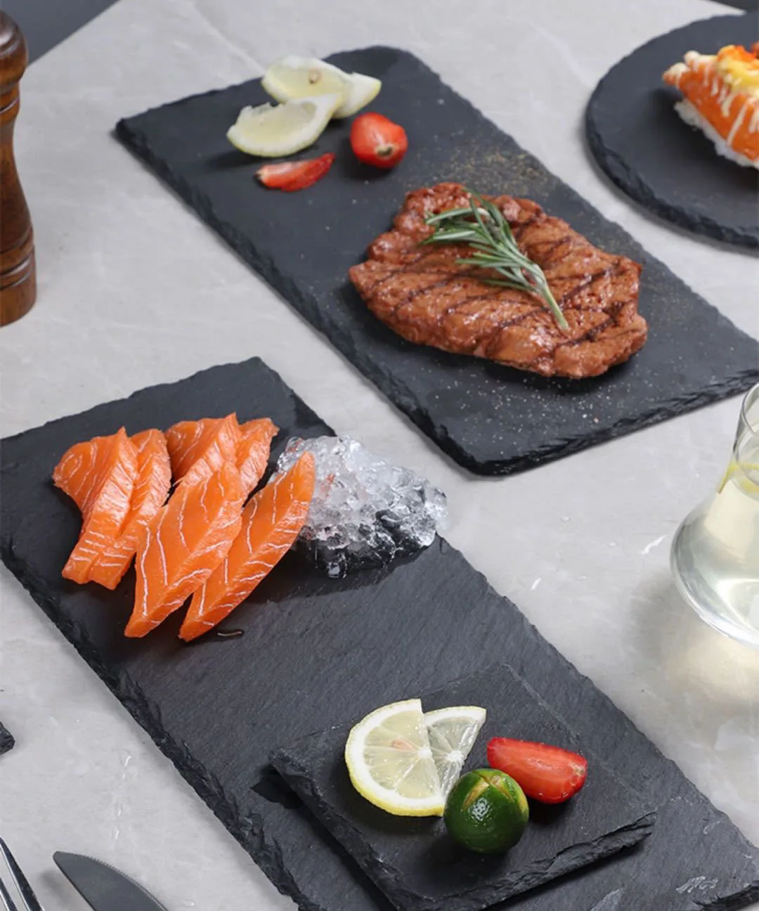 Rectangle Square Natural Rock Stone Serving Sushi Steak Restaurant Dinner Dishes Plate Black Tray Slate Cheese Platter Board