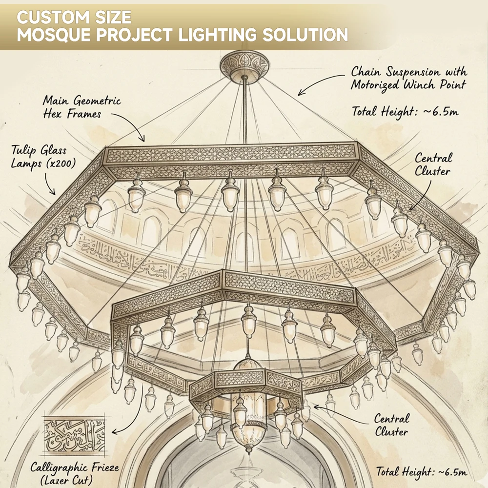 cpl-001 Oversized Islamic Geometric Chandelier – Custom LED Art Installation for Dome & High Ceiling Atrium