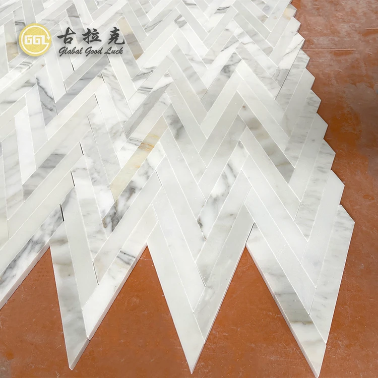 Modern Herringbone Design Mosaic Tile Calacatta Gold Marble Mosaic for Home Decor