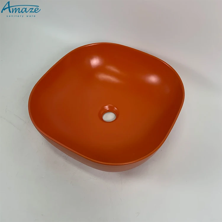 Orange color small square porcelain counter top washbasin hotel ceramic bathroom sink hand wash art basin factory