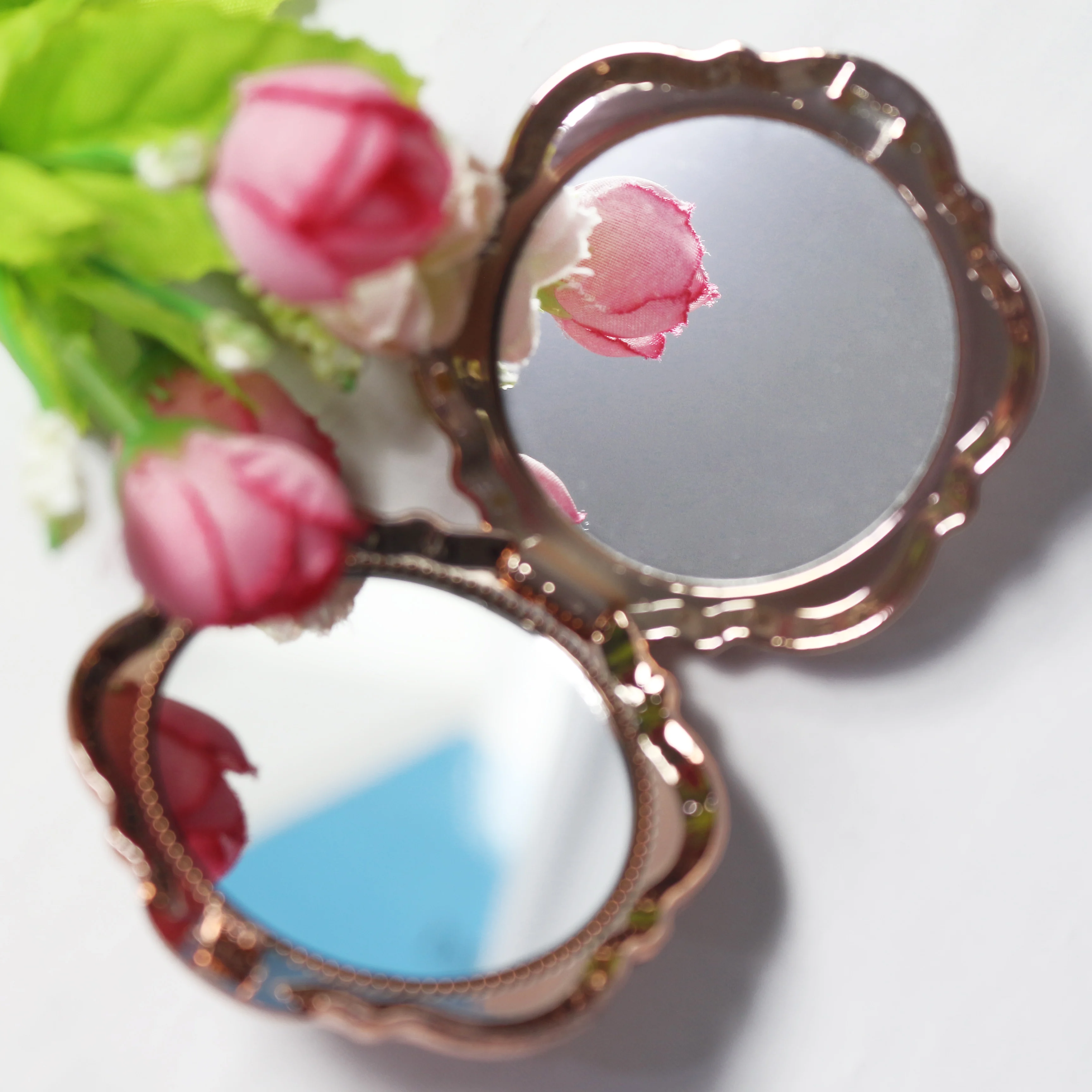 Rose Gold Folded Compact Mirror Quinceanera Wedding Party Favor 3D Floral Makeup Mirror Souvenir Gift