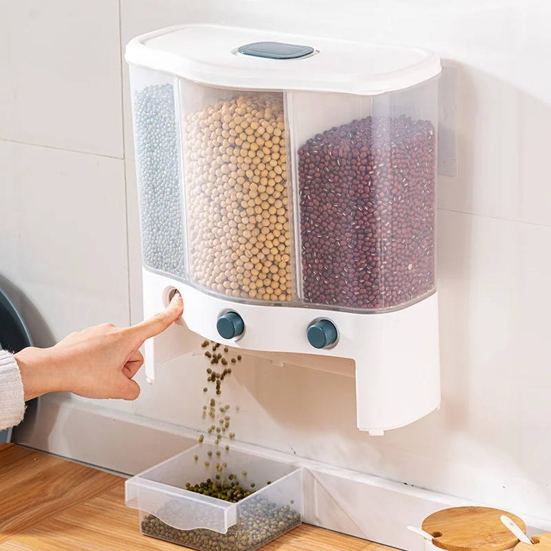 Luxo Leve Design Moderno Recipiente Plástico para Arroz com Múltiplos Compartimentos Montado na Parede para Armazenamento de Grãos e Alimentos com Tampa Hermeticamente Fechada