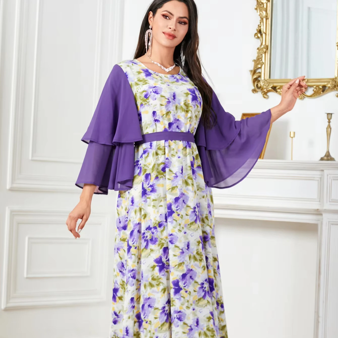 2024 New Summer Women Elegant Dress Arab Dubai Flower Print Gown Traditional Muslim Women Abaya Fashion Maxi Dress Wholesale