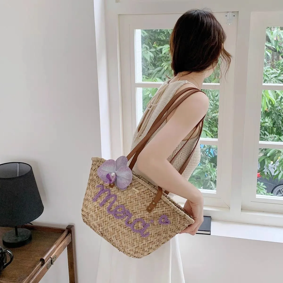 Set Letter Straw Bag Sweet Flower Seaside Vacation Water Grass Woven Single Shoulder Large Capacity Tote Beach Linen Summer 2025