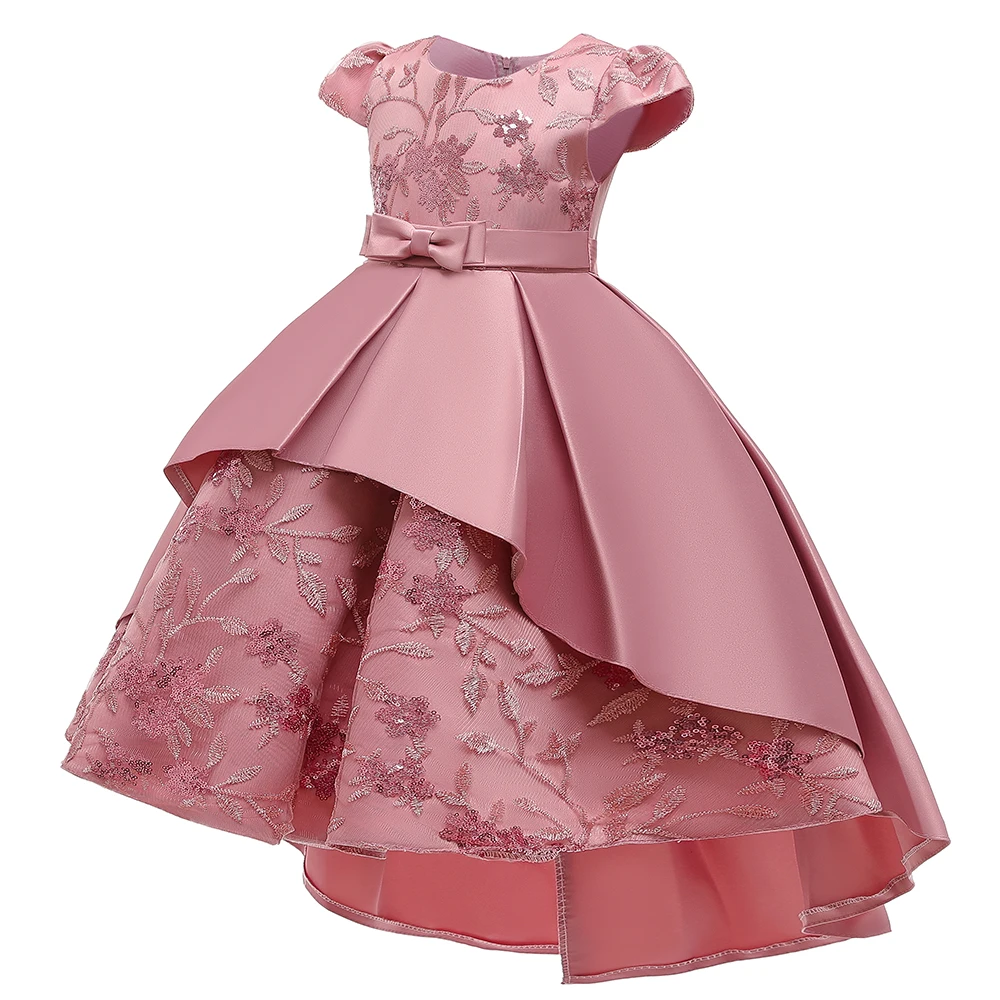 MQATZ Summer Girls' A-Line Knee-Length Cap-Sleeve Bow Ruffle Princess-Style Birthday Party Dress Peach Pink Satin Model T5170