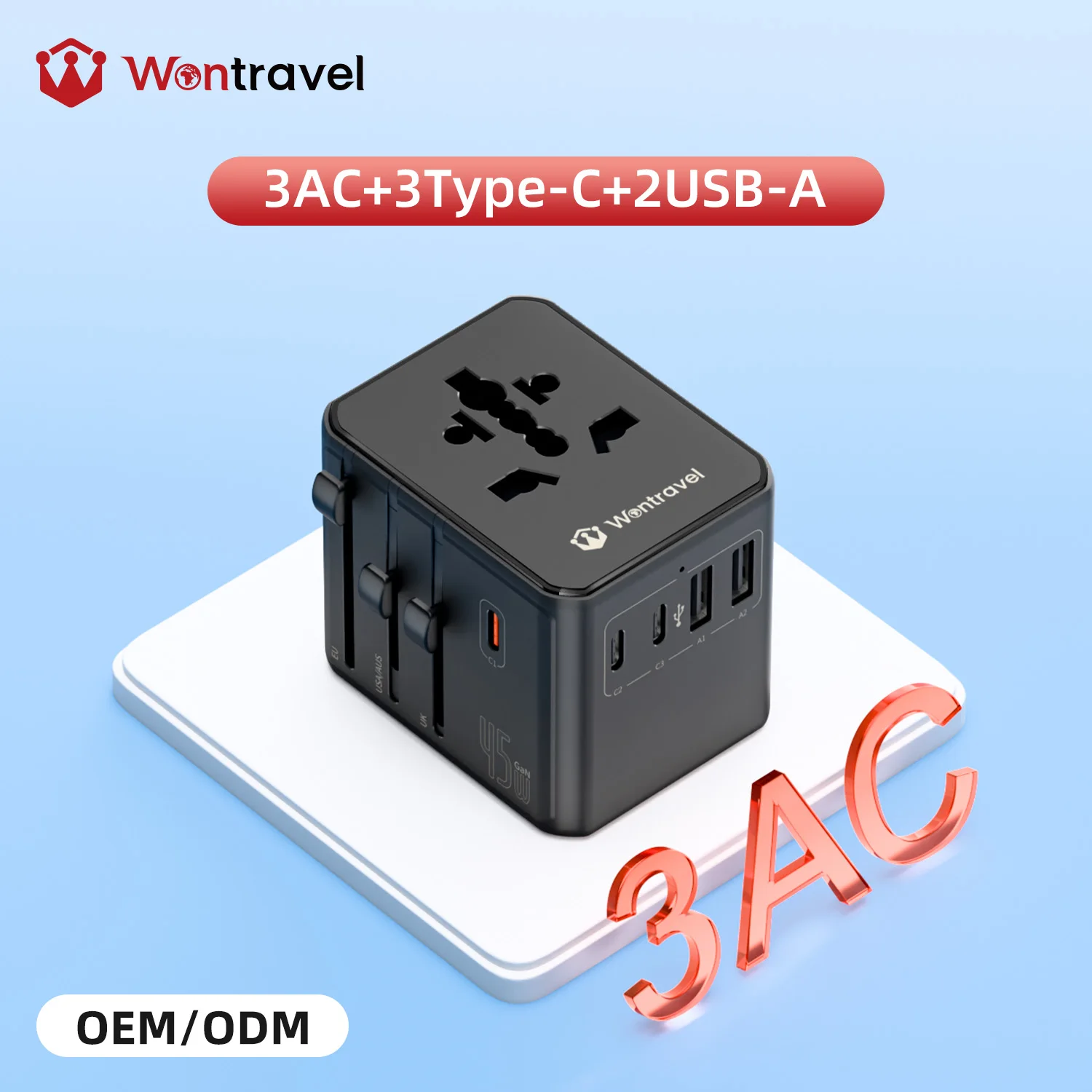 Wontravel Customized Logo Multifunctional Plug Converter Usb Wall Socket Travel Adaptor Travel Adapter with 3AC Socket