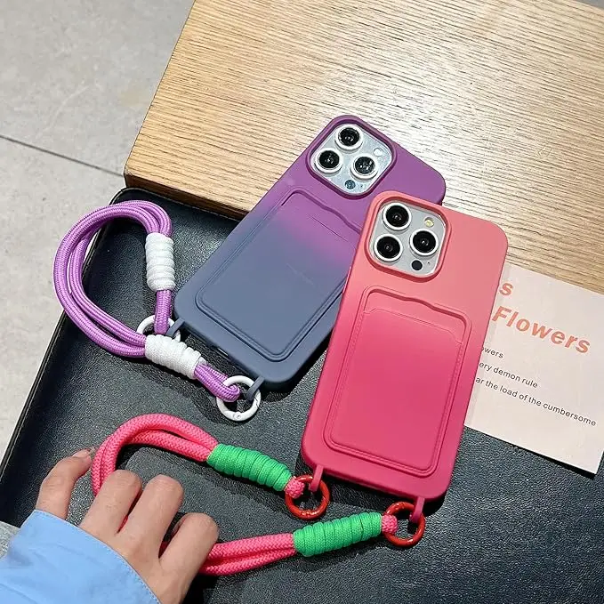 Laudtec Cute Coloful Case for iPhone 16 Pro Max with Card Holder Portable Hand Wrist Strap Stylish Soft TPU Cover Phone Case