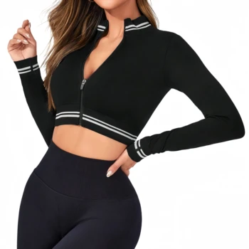 Custom Seamless Ribbed Knit Zip Up Sleeve Sports Jackets Fitted Gym Fitness Women Yoga Tops