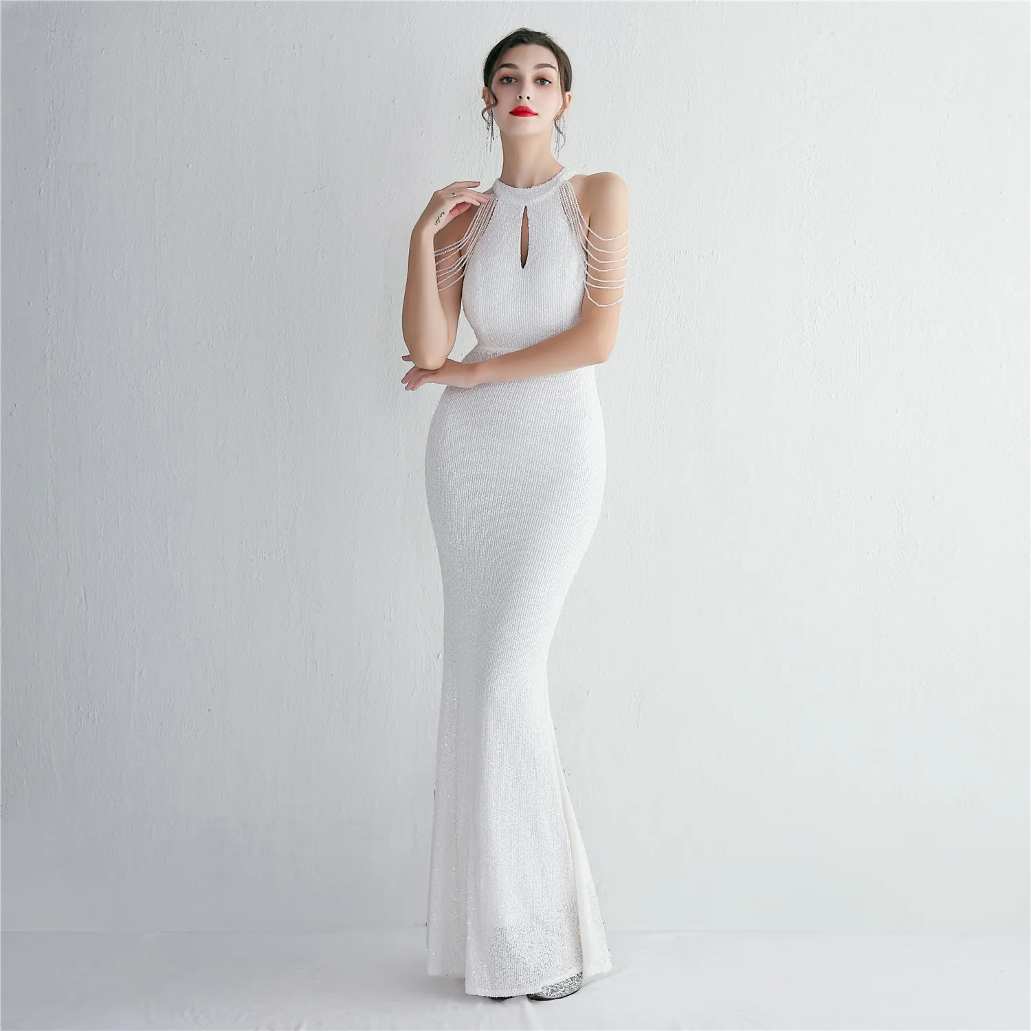 alc halter dress Wedtrend Women White Formal Dress Halter A Line Sleeveless Engagement Dress  Long Maxi Dress – WEDTREND