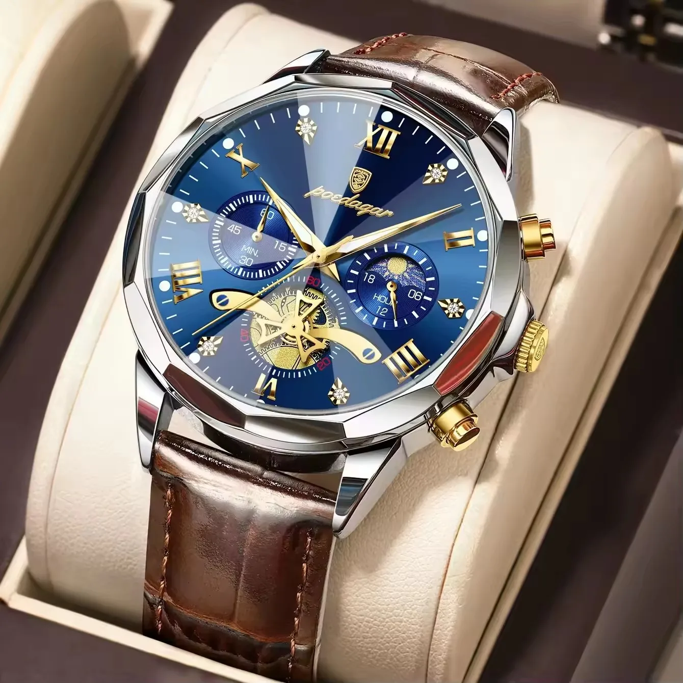 Poedagar 938 Wholesale Leather Strap Watch for Men Quartz Movement Waterproof Luminous C aperçu 14