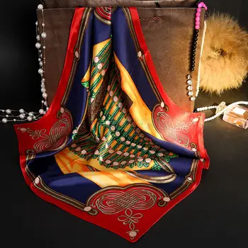 French Retro Square Silk Satin Neckerchief Silk Scarves Geometric Pattern Digital Printed silk scarves