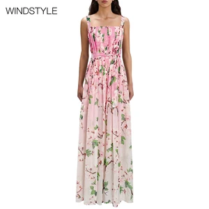 OEM Fresh Sweet Floral Print Pleated Sling High Waist Long Floor-Length Chiffon Dress Summer Daily Halter Neck Woven Dress