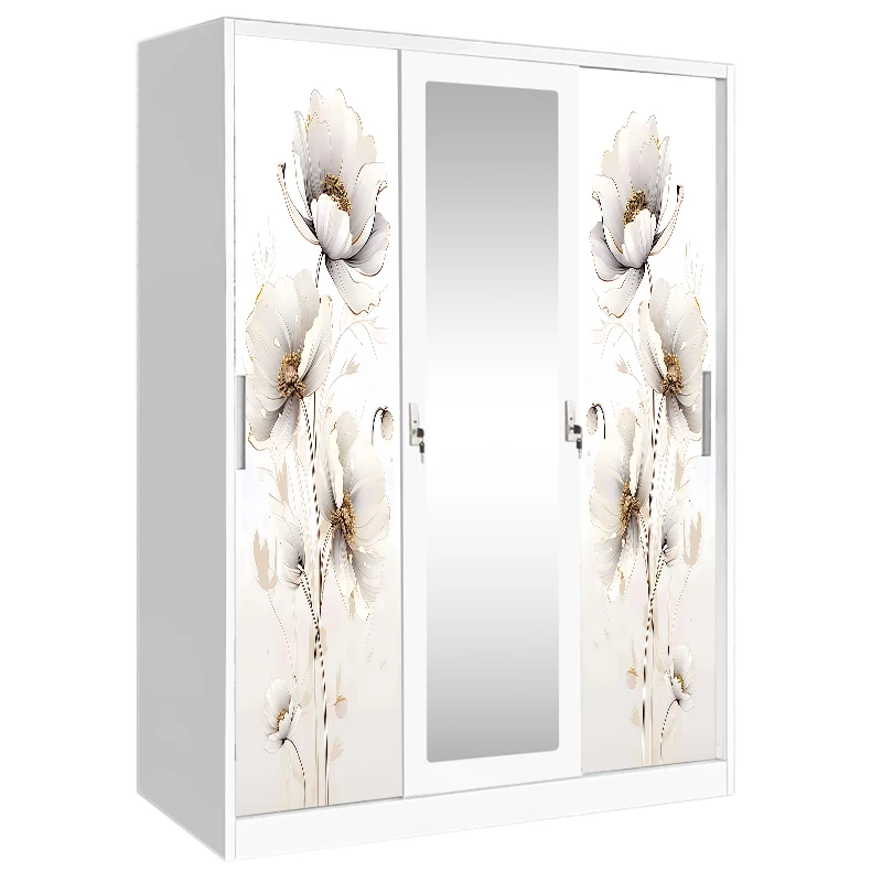 Factory Direct Three Door Printed Steel Wardrobe with Mirror Sliding Doors