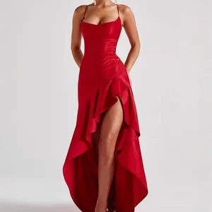Sexy Women's Spaghetti Strap Backless Ruffled Asymmetric Slit Dress Evening Gown Dresses Sehe Fashion