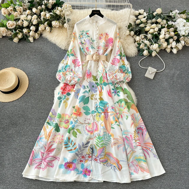 ZT1266 2024 early spring new niche elegant print breasted standing collar French puffed sleeve dress temperament maxi  dress
