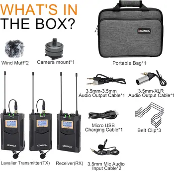 Wireless Lavalier Microphone, with Carrying Bag,Comica CVM-WM100 PLUS UHF 48 Channels Dual Lapel Microphone System for DSLR detail image