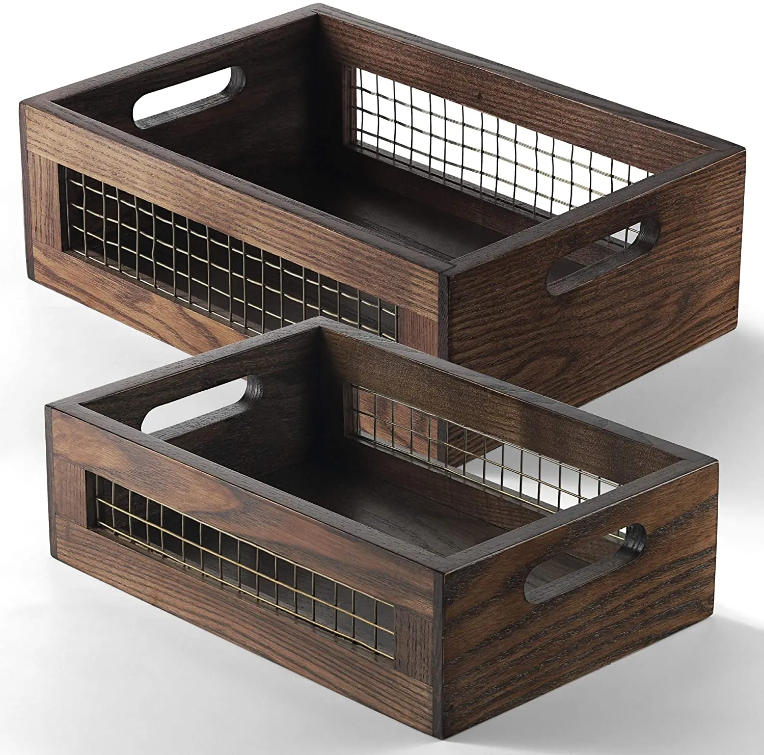 Rustic Wooden Nesting Box Countertop Baskets Set Of 2 For Kitchen Bathroom Wooden Storage