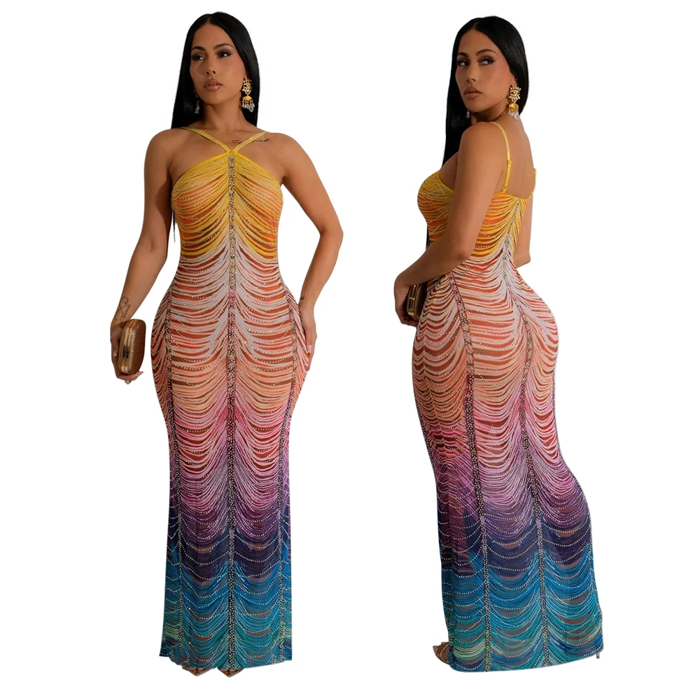 Restocked CY901412 Ombre Rhinestone Maxi Dress Sleeveless Printed Bodycon Rainbow Fish Woman Dresses 2026