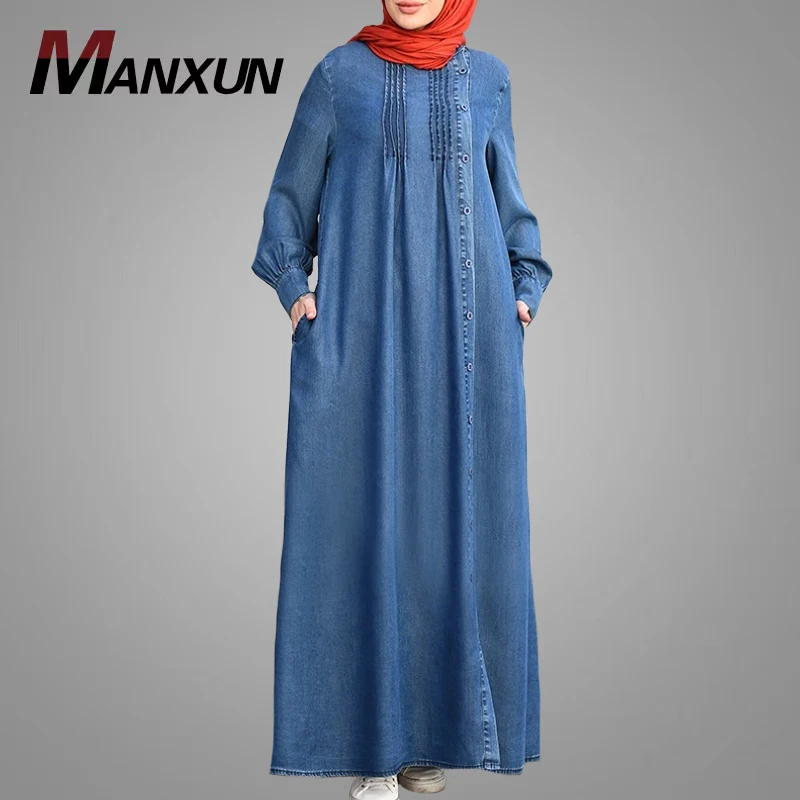 Denim Dress Factory Wholesale Long Sleeve Islamic Clothing New Model Solid Color Muslim Kebaya Dress Plus Size Dubai Abaya