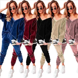 2025 European and American Solid Color Velvet V-neck Long Sleeved Minimalist Women Casual Set