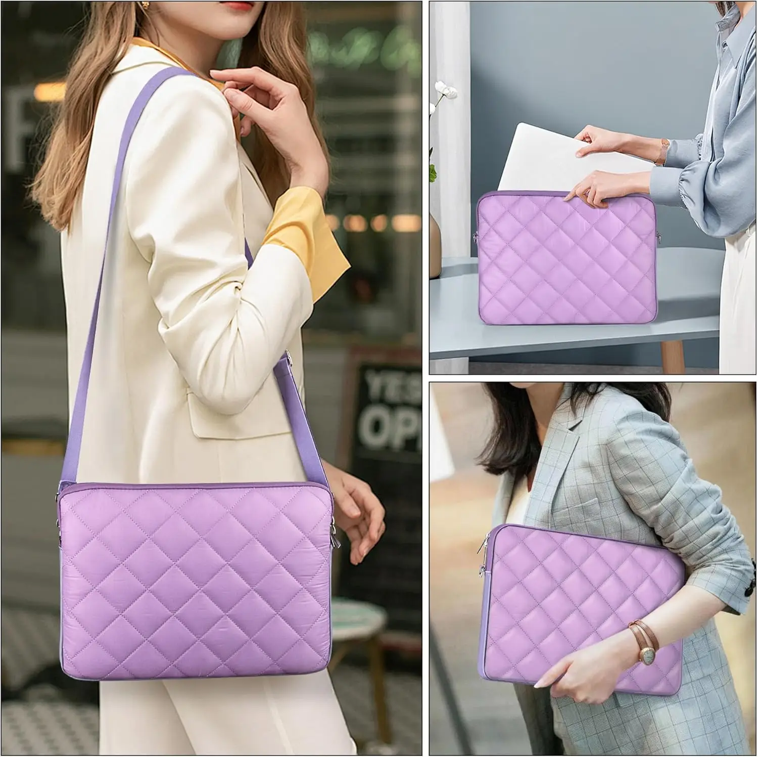 Puffy Quilted Laptop Sleeve with a Removable Shoulder Straps for Macbook Air Pro 2023 13 14 15 inch Carrying Bags Purple