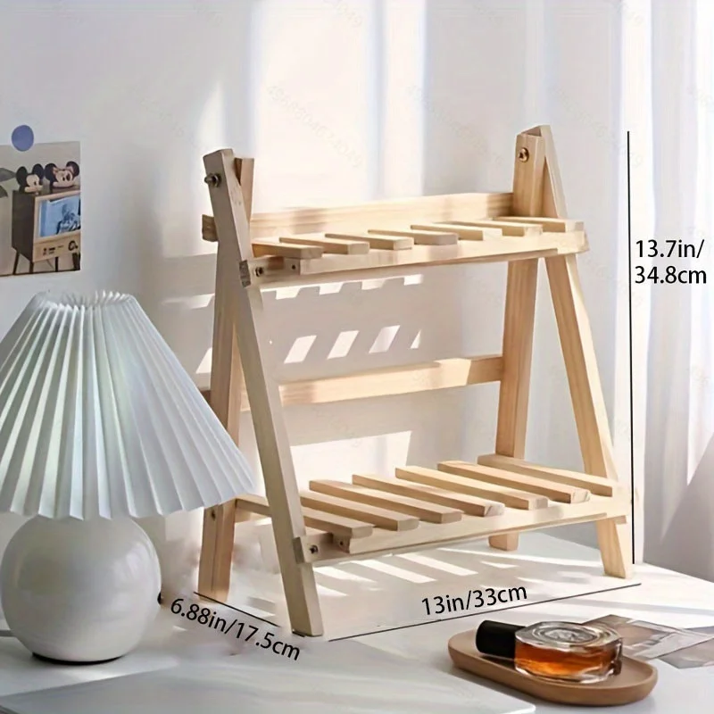 A Two-Layer Desktop Wooden Storage Organization Shelf Trapezoidal Desktop Display Shelf