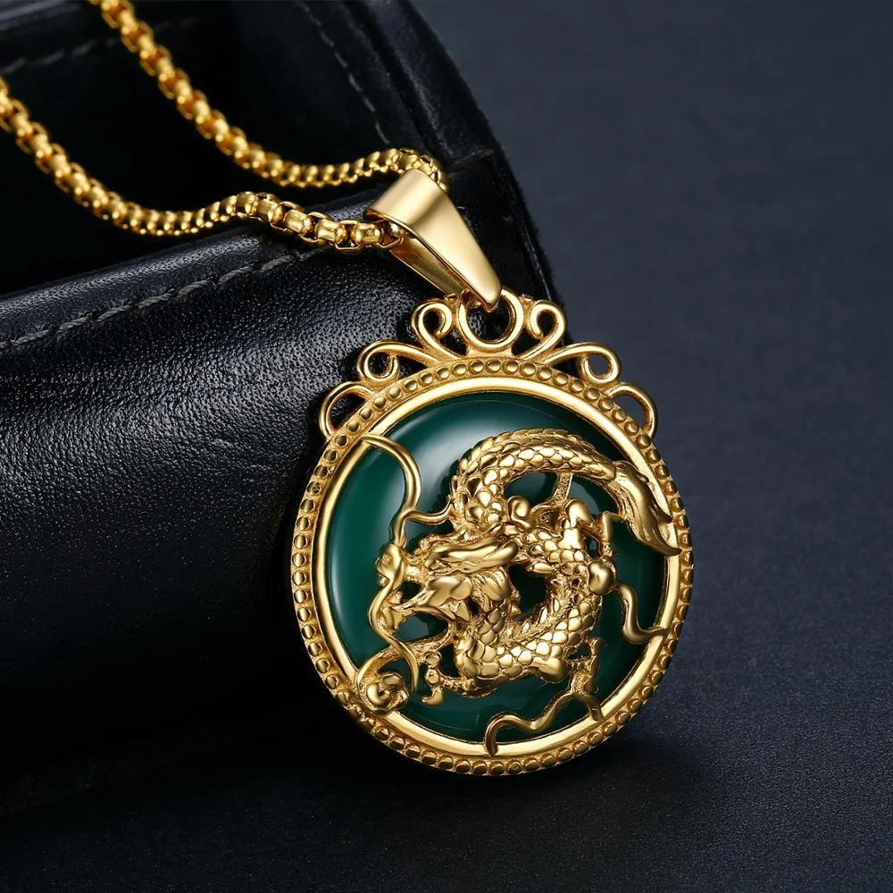 Non Tarnish China Dragon Charm Fashion Green Jade Dragon Pendant Necklace  18k Gold Plated Stainless Steel Jade Stone Necklace
