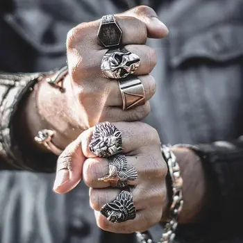 Vintage Copper Rings for Men Skull Bone Biker Ring Collection Stainless Steel Ghost Finger Rings Gothic Medusa Punk Jewelry