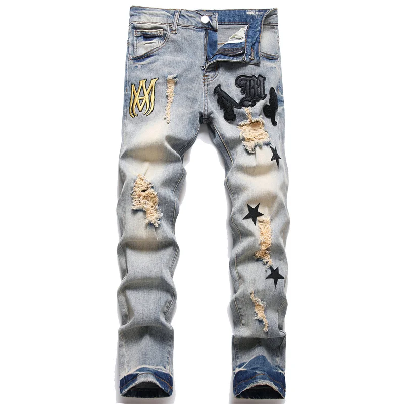 Calças Jeans Slim Straight Hip Hop Personalizadas com Grafite Streetwear  Masculino Estiloso Calças de Denim Stretch para Homens