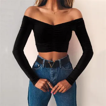 2021 crop top 2020 sexy long sleeve seller ladies top woman clothing crop tops Off Shoulder Shirts For Women Multifunctional