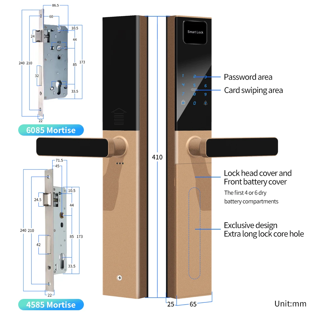 Eseye High Quality TTlock App Control 6068 Security Mortise Door Locks for Wooden Digital IC Card Key Hotel Door Lock