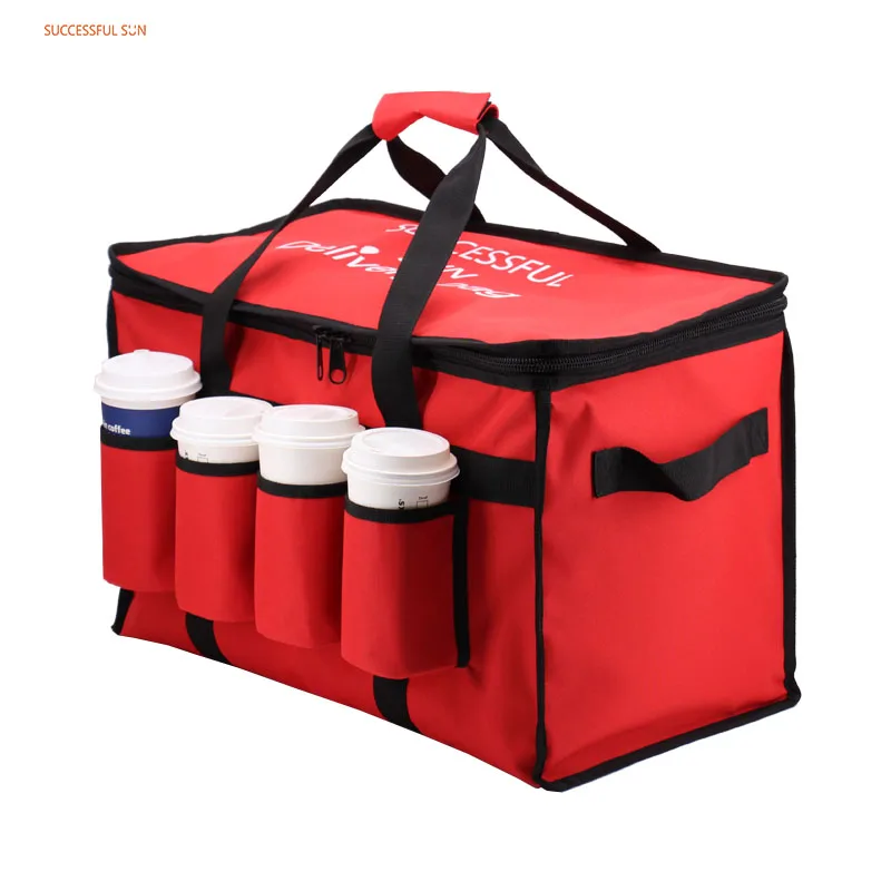 Wholesale Custom Reusable Take-out Insulated Pizza and Food Delivery Bag with 4 Cups Holders Cooler Tote Bag factory