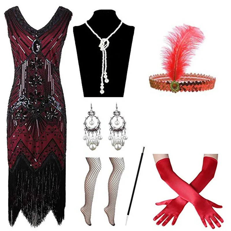 IWIWB Women's 1920s Flapper Dress Costume Set - Beaded Fringed Gatsby Dress With Accessories (Black & Silver) - View #12