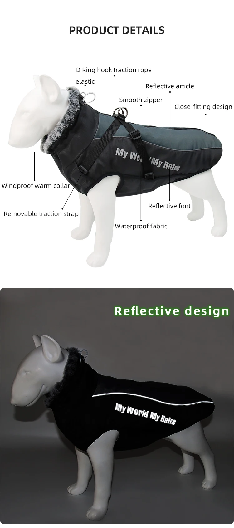 Wholesale Cool Design Reflective Warm Dog Cotton Coat Fur Collar Dog