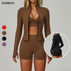 Custom Logo Training Clothing Woman Sports Bra Yoga Jacket Biker Shorts Leggings Activewear Set 2 Piece Gym Fitness Sets