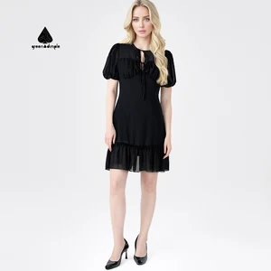 Women Black Short Dress Puff Sleeves Keyhole Neck Tie Ruffled Hem Slim Dress Chiffon Elegant Sweet Stitched Casual Dress