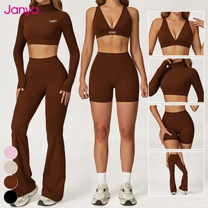 Janya Womens Solid Casual Workout Wear Long Sleeve Fitness Yoga Tops High Waist Gym Leggings 2 Piece Sets Brushed Sports Bra Set