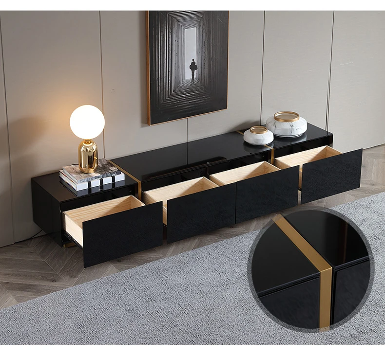 Luxury Black Wood Golden Tv Unit And Coffee Table Set With Glass Top
