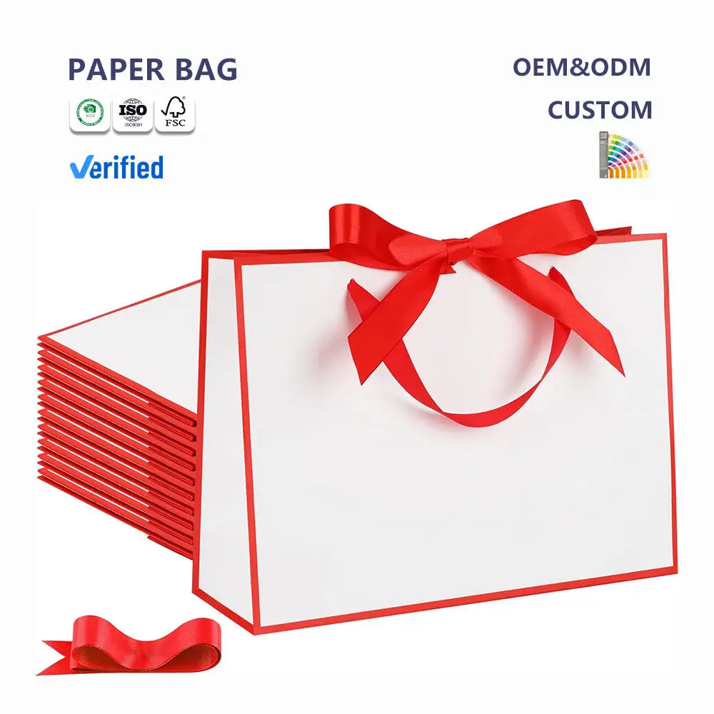 Custom Handmade Hot Sale Mini Shopping Boutique Paperbag Clothes Pink White Gift Jewelry Luxury Logo Supermarket Ribbon Handle