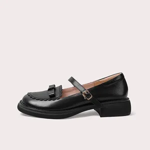 Lily Wei Comfortable Women's Loafers Black Leather Mary Jane Buckle Strap Bow Decoration Chunky Sole Non Slip for Daily