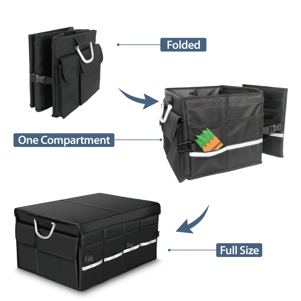 Collapsible Reflective Stripe Expandable Large Capacity Waterproof Car Trunk Organizer With Cover