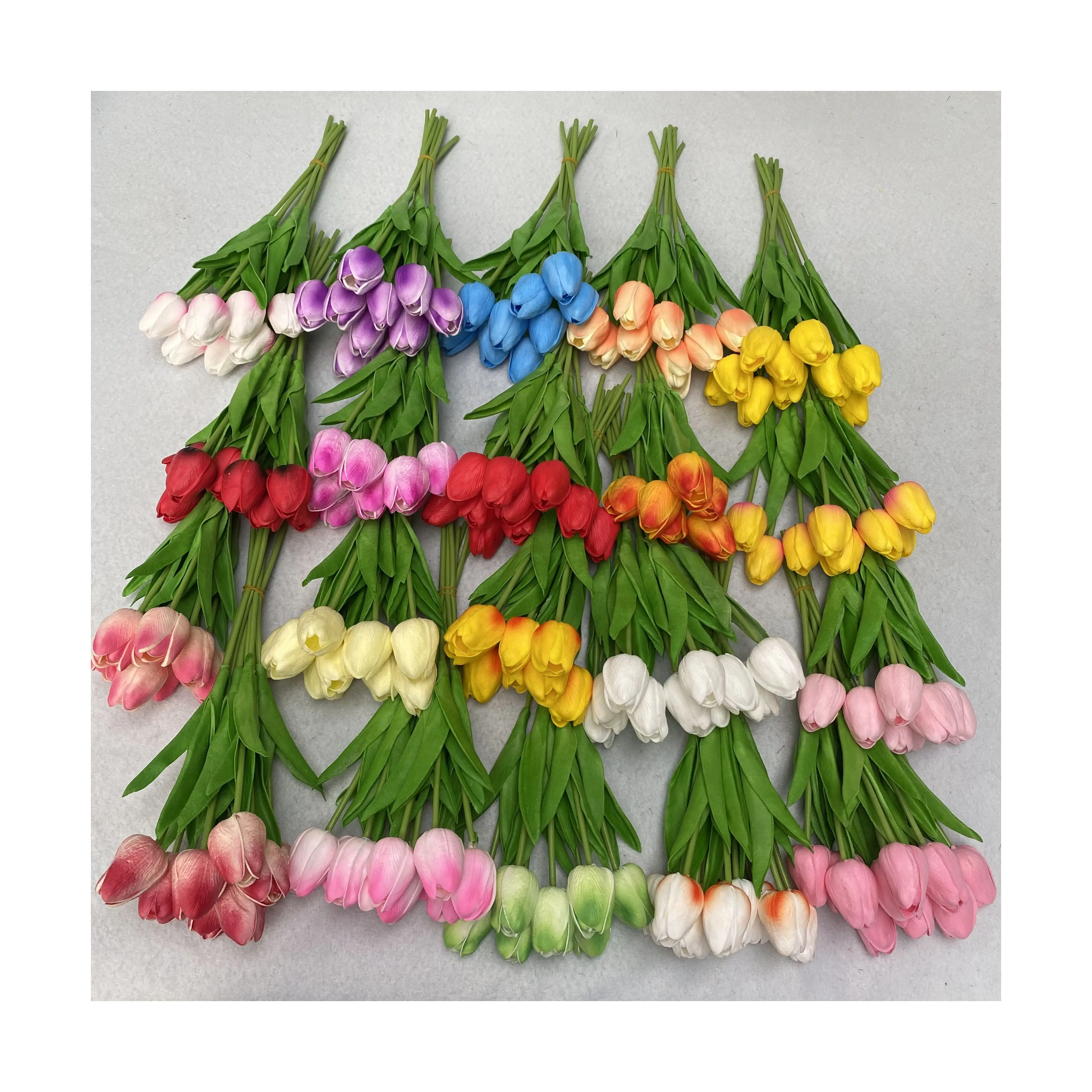 Factory Hot Selling Single Artificial PU Tulip Flower in Bulk Rubber Mini Tulips Colorful Flowers Bouquet Living Decoration